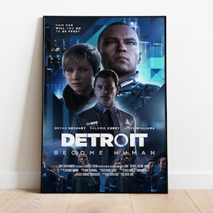 Könnte beinhalten: Gerahmtes Poster für das Videospiel "Detroit: Become Human". Das Poster zeigt drei Charakterporträts und den Titel des Spiels in großen, fetten Buchstaben. Der Slogan "How far will you go to be free?" steht oben.