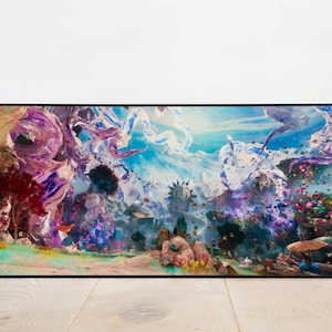 May include: An abstract landscape painting in a black frame. The artwork is dominated by swirling blues, purples, and pinks, with touches of green and yellow. The scene suggests a fantastical, dreamlike quality, with a castle-like structure in the distance.