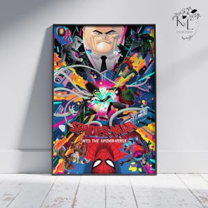 Puede incluir: Un p&oacute;ster enmarcado de la pel&iacute;cula Spider-Man: Into the Spider-Verse. La obra de arte es vibrante, con un estilo de c&oacute;mic colorido. El p&oacute;ster incluye varios personajes de Spider-Man y el texto "SPIDER-MAN INTO THE SPIDER-VERSE".
