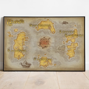 May include: A framed map of Azeroth, featuring detailed illustrations of continents and islands. The map is in a vintage style with a sepia tone, and includes text labels for various locations. The map is set against a neutral background.