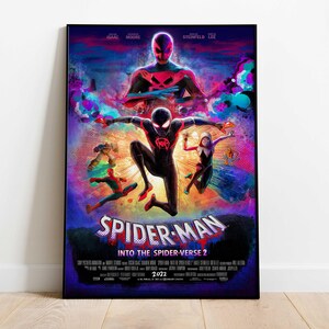 Op de afbeelding: Een ingelijste filmposter voor "Spider-Man: Into the Spider-Verse 2" met meerdere Spider-Man-personages in actieposes. De poster heeft een levendig, kleurrijk ontwerp met de titel prominent weergegeven.