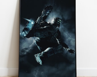 May include: A framed print featuring a futuristic astronaut in a dynamic pose against a dark, smoky background. The astronaut is clad in a detailed, dark-colored spacesuit and is holding a large weapon with glowing blue accents. The artwork has a dramatic, action-oriented theme.