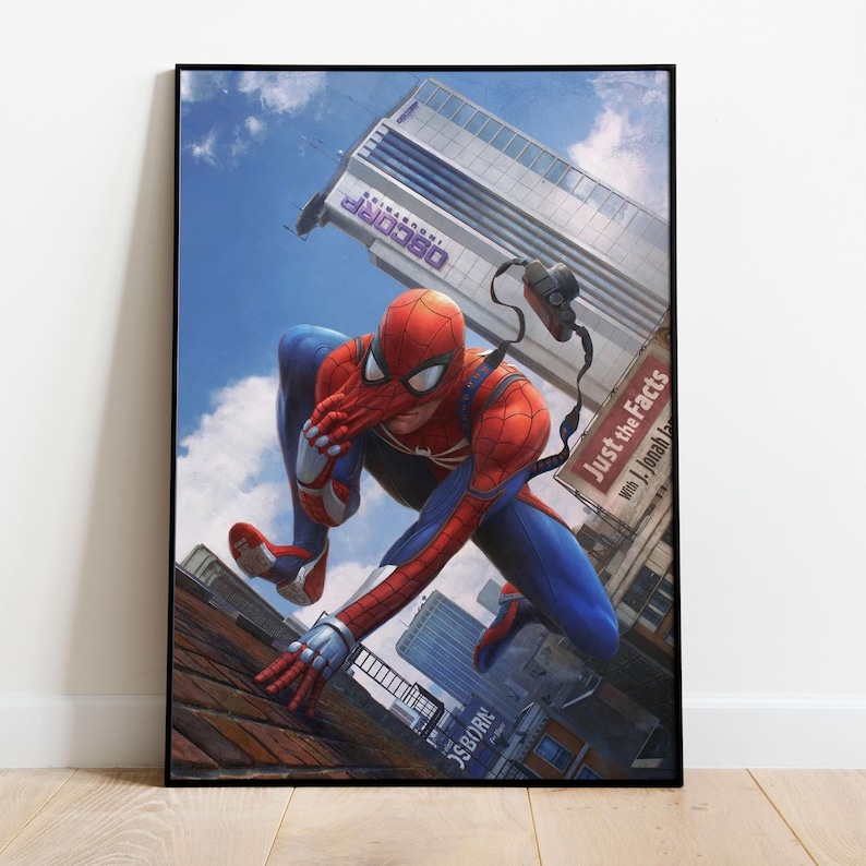 May include: Framed artwork featuring Spider-Man in a dynamic pose, clad in a red and blue suit, set against a cityscape backdrop. The artwork includes the text "Just the Facts with J. Jonah Jameson" and the "OSCORP Industries" logo.