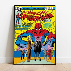 May include: A framed comic book cover of The Amazing Spider-Man. The cover features Spider-Man in a red and blue suit, with text that reads "Peter Parker's Graduation!" and "Marvel Comics Group". The background is yellow with a spiderweb design.
