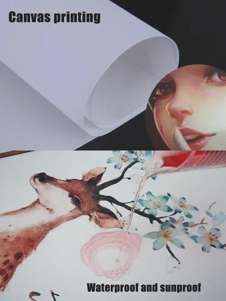 Puede incluir: Impresi&oacute;n en lienzo con el texto "Canvas printing" en la parte superior. La imagen presenta una pintura a la acuarela de la cabeza de un ciervo con flores y el texto "Waterproof and sunproof".