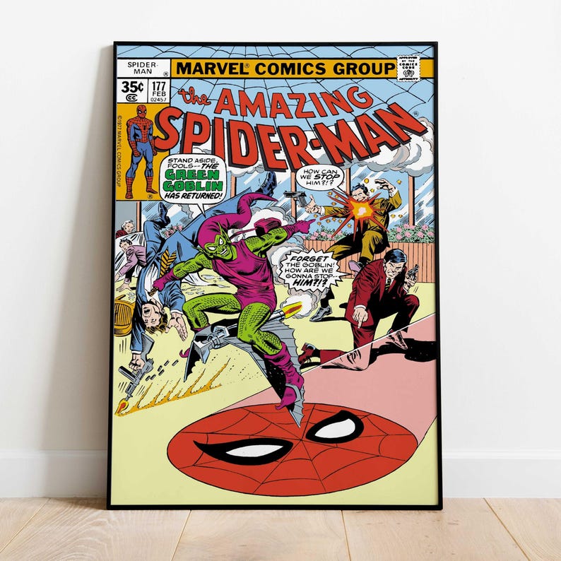 May include: A framed comic book cover of The Amazing Spider-Man, issue 177. The cover features Spider-Man, the Green Goblin, and other characters in a dynamic action scene. The comic book is in a black frame.
