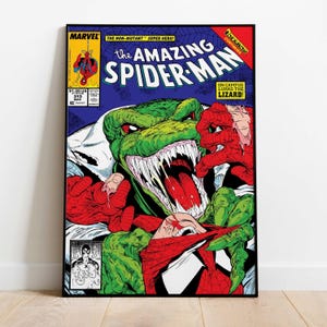 May include: Comic book cover art of The Amazing Spider-Man, issue #313, featuring a green lizard-like creature with sharp teeth and red eyes. The artwork is in a black frame, with the Marvel logo and comic details visible.