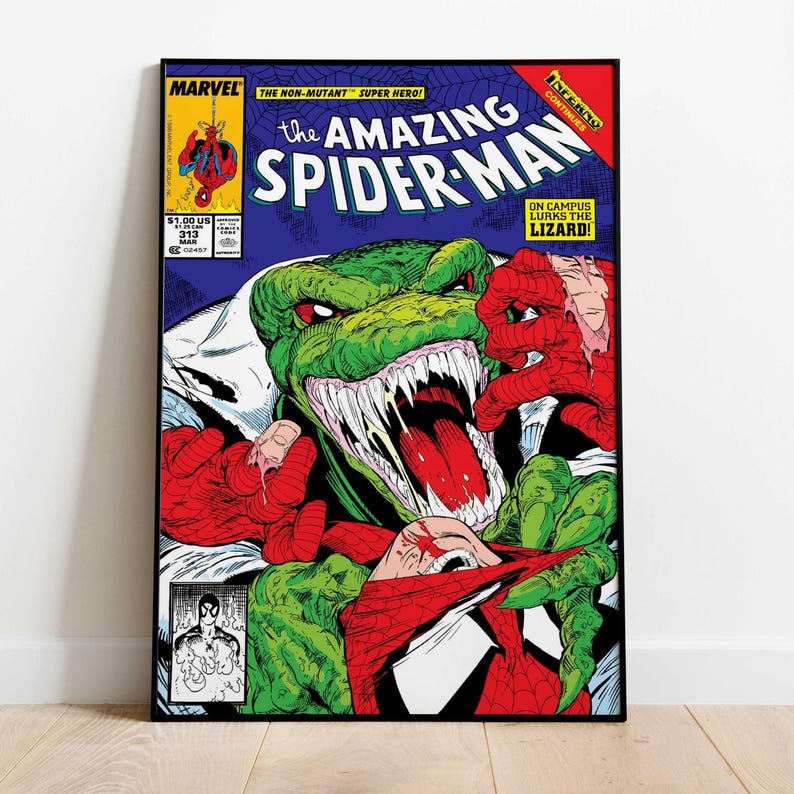 May include: Comic book cover art of The Amazing Spider-Man, issue #313, featuring a green lizard-like creature with sharp teeth and red eyes. The artwork is in a black frame, with the Marvel logo and comic details visible.