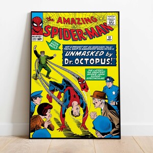 May include: A framed comic book cover featuring Spider-Man in a dynamic pose, with the title "The Amazing Spider-Man" in bold red letters. The cover is predominantly yellow, with illustrations of Spider-Man and Dr. Octopus.