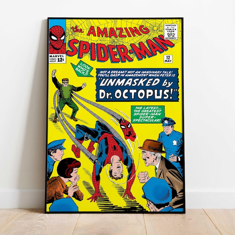 May include: A framed comic book cover featuring Spider-Man in a dynamic pose, with the title "The Amazing Spider-Man" in bold red letters. The cover is predominantly yellow, with illustrations of Spider-Man and Dr. Octopus.