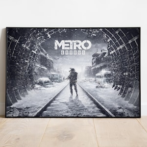 May include: Black and white Metro Exodus poster. A figure in protective gear stands on train tracks in a snowy, post-apocalyptic scene. The title "METRO EXODUS" is displayed at the top.