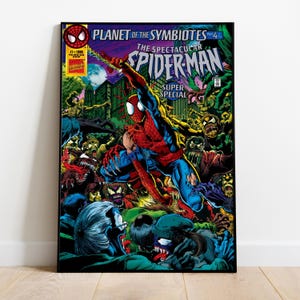 May include: A framed comic book cover featuring Spider-Man in a dynamic pose, surrounded by menacing figures. The title reads "The Spectacular Spider-Man: Planet of the Symbiotes." The artwork is vibrant with bold colors and detailed illustrations.