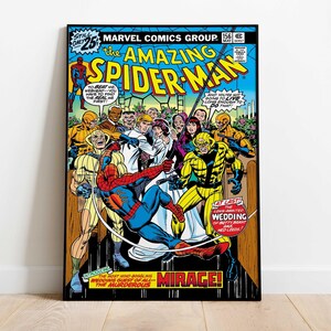 May include: A framed comic book cover of The Amazing Spider-Man. The cover features Spider-Man in a fight scene with other characters. The text includes "Mirage!" and "Long Awaited Wedding of Betty Brant and Ned Leeds!"
