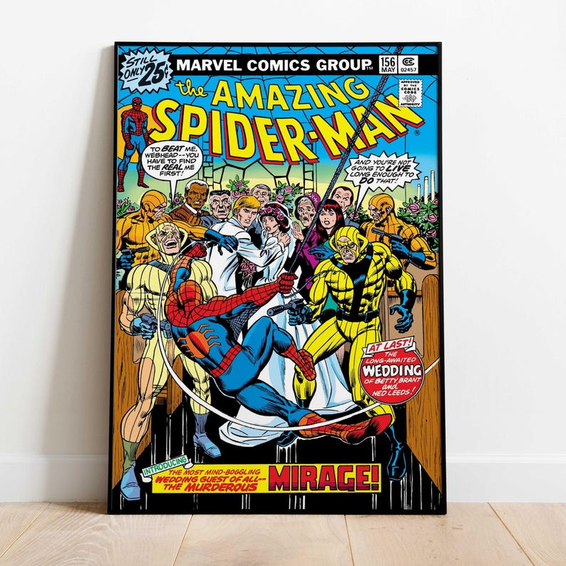 May include: A framed comic book cover of The Amazing Spider-Man. The cover features Spider-Man in a fight scene with other characters. The text includes "Mirage!" and "Long Awaited Wedding of Betty Brant and Ned Leeds!"