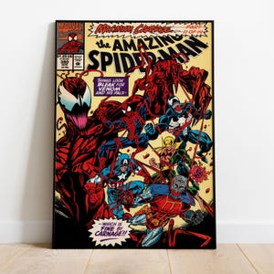 May include: Comic book cover art featuring Spider-Man, Venom, and Carnage in a dynamic action scene. The title "The Amazing Spider-Man" is prominently displayed, with text that reads "Things look bleak for Venom and his pals." The artwork is framed in black.