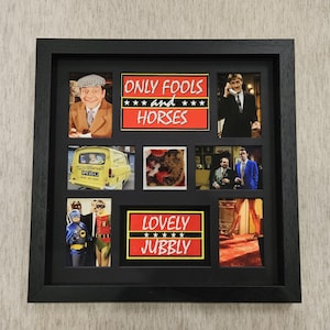Puede incluir: Collage enmarcado en negro con imágenes y texto de la comedia británica "Only Fools and Horses". El collage incluye fotos de personajes, una furgoneta amarilla y las frases "Only Fools and Horses" y "Lovely Jubbly".