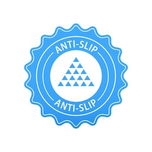 May include: A blue and white anti-slip sticker. The sticker has a circular design with a jagged edge. The words "ANTI-SLIP" are written in white, curved around the top and bottom of the circle. Inside the circle is a white triangle made of smaller triangles.