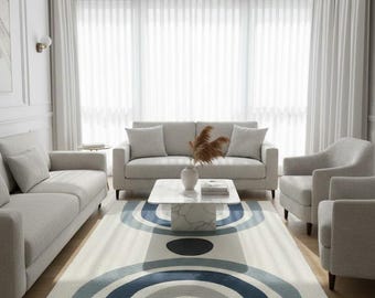 Blue Abstract Area Rug, Modern Geometric Carpet