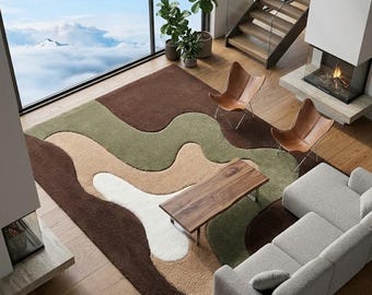 Abstract Shape Rug, Brown Beige Green Carpet, Contemporary Artistic Rug, Living Room Decor