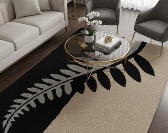 Handmade Fern Leaf Rug, Black and Beige Botanical Carpet, Contemporary Living area Decor