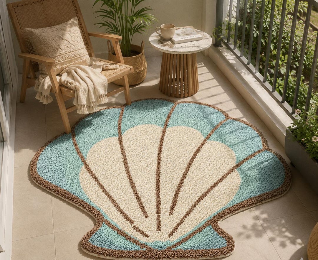 Seashell Oval Rug Handmade Blue Seashell Tufted Rug - Etsy