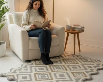 Geometric Diamond Pattern Area Rug , Neutral Beige, Grey & Gold Luxury Floor Decor