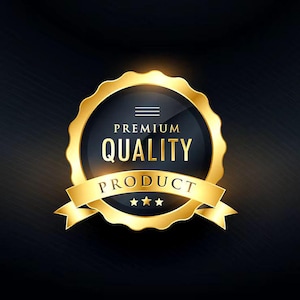 May include: A gold-colored emblem with the words "PREMIUM QUALITY PRODUCT" in gold lettering. The emblem has a black background and a gold ribbon with three stars. The design is on a dark background.