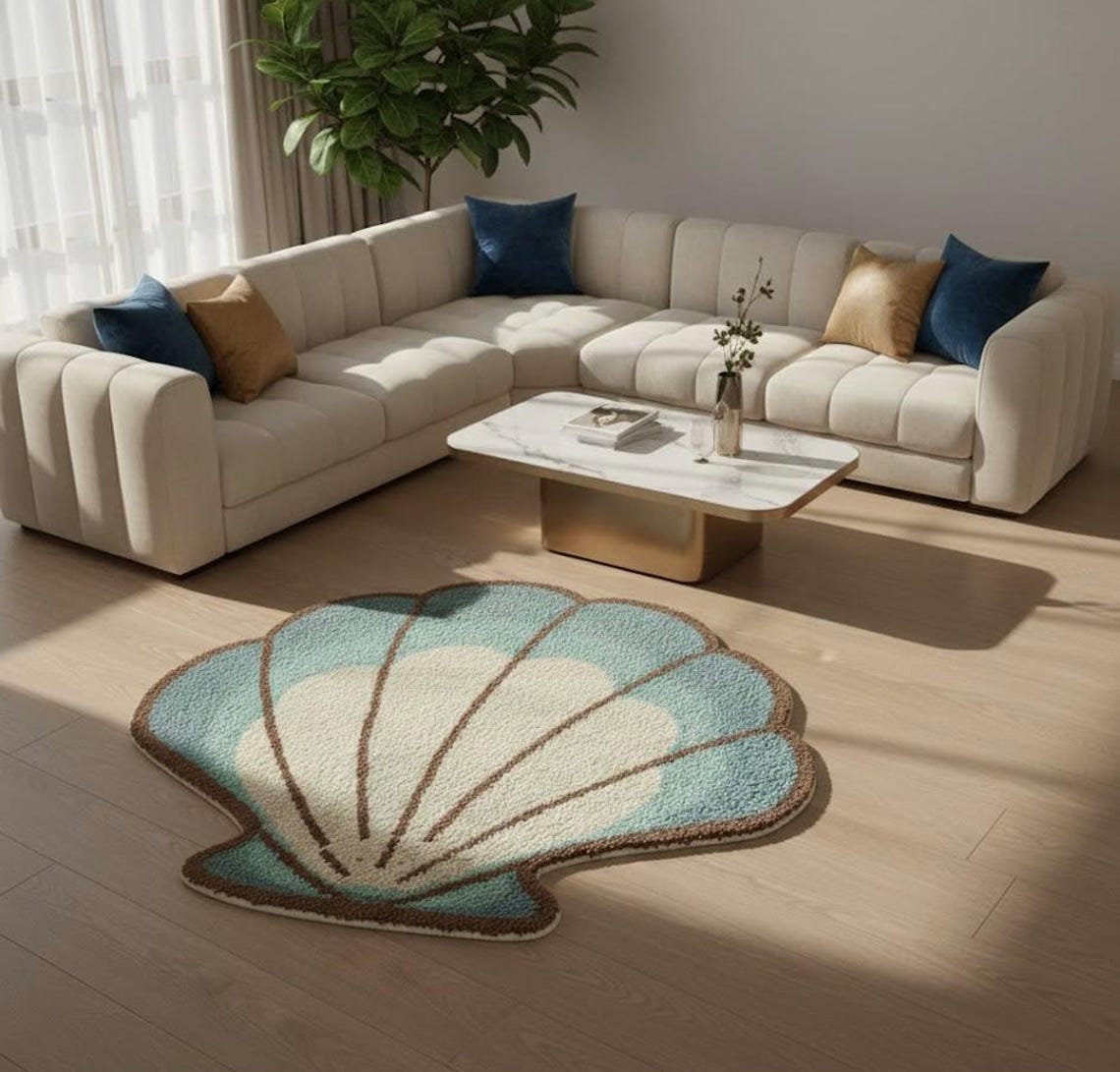 Shell Shaped Rug Extra Large Handmade Blue Seashell Tufted Rug - Etsy
