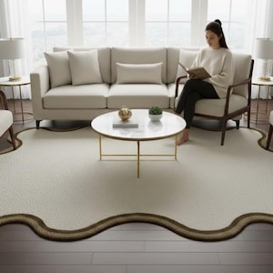Scalloped Edge Hand-Tufted Wool Rug | Organic Shaped Neutral Area Rug image 9