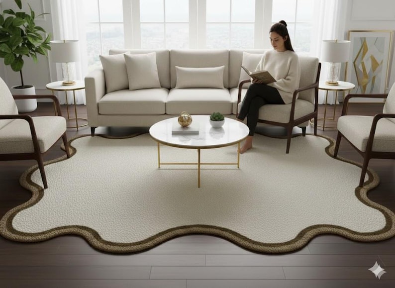 Scalloped Edge Hand-Tufted Wool Rug | Organic Shaped Neutral Area Rug image 9
