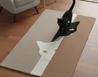 Handmade Peeking Black and White Cat Rug