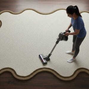 May include: A cream-colored, irregularly shaped rug with a brown border is being vacuumed by a person. The vacuum is gray and black. The rug is on a dark brown wooden floor.
