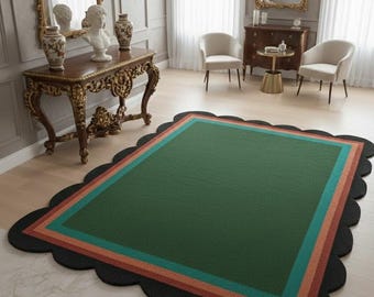 Scalloped Border Wool Rug, Forest Green Retro Modern Carpet, Living Room Decor