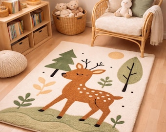 Woodland Deer Nursery Rug - Fawn Area Rug for Kids Room