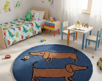 Dachshund Round Rug - Blue Circle Kids Room Carpet
