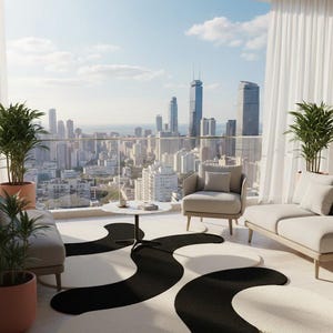 May include: A modern outdoor living space with a city skyline view. Features include a cream-colored sofa, armchair, and a round coffee table. A black and cream-colored rug with an abstract design is on the floor. Potted plants add greenery.