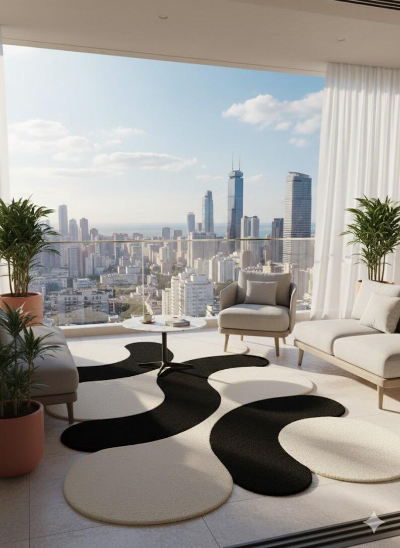 May include: A modern outdoor living space with a city skyline view. Features include a cream-colored sofa, armchair, and a round coffee table. A black and cream-colored rug with an abstract design is on the floor. Potted plants add greenery.