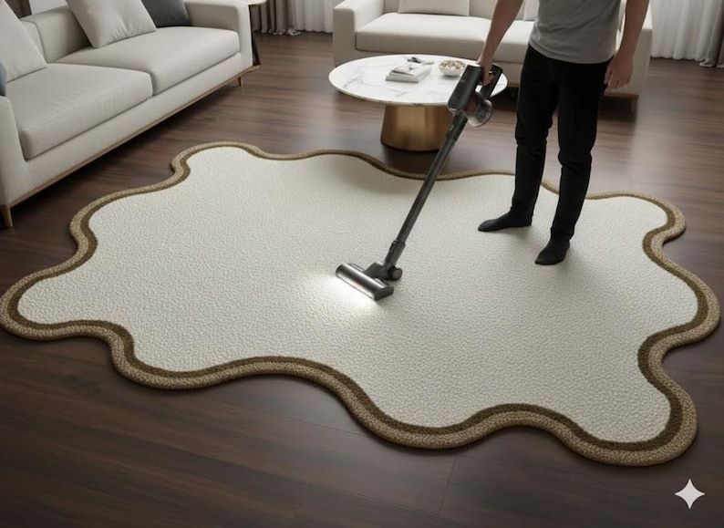 Scalloped Edge Hand-Tufted Wool Rug | Organic Shaped Neutral Area Rug image 10