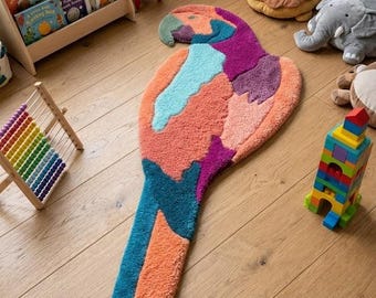 Parrot Rug, Colorful Bird Area Rug, Vibrant Tropical Cut Pile Floor Mat, Funky Decor
