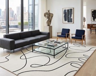 Modern Abstract Line Rug, Minimalist Black and Off-White Area Rug, Hand Tufted Wool Carpet