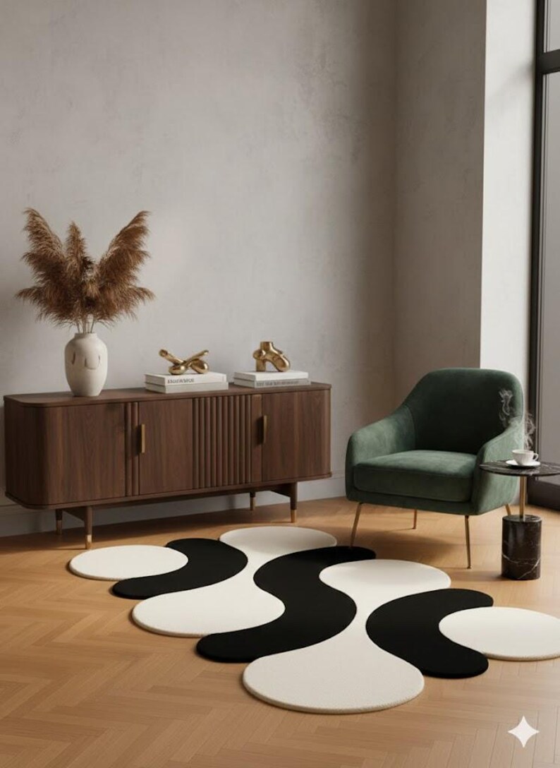 May include: A modern living room scene featuring a black and white abstract rug. The rug's design is composed of interconnected circular shapes. A dark wood cabinet, green armchair, and decorative items complete the stylish interior.