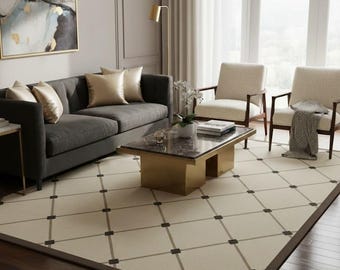 Black Geometric Grid Carpet, Minimalist Neutral Living Room Rug, Contemporary Ivory Floor Rug, Scandinavian Style Home Decor
