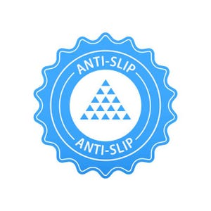 May include: A blue, circular anti-slip sticker with a white center. The center features a triangular arrangement of smaller white triangles. The words "ANTI-SLIP" are written in white, curved around the top and bottom of the circle.