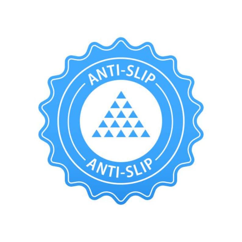 May include: A blue, circular anti-slip sticker with a white center. The center features a triangular arrangement of smaller white triangles. The words "ANTI-SLIP" are written in white, curved around the top and bottom of the circle.