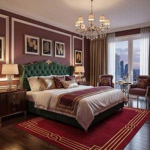 Luxury Red Area Rug with Gold Geometric Border, Elegant Crimson Living Room Decor