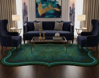 Handmade Green And Blue Shag Rug