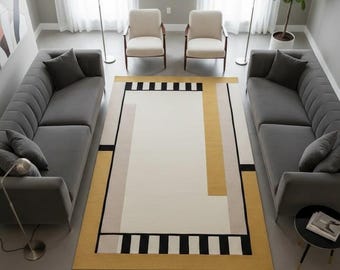 Abstract Area Rug, Modern Geometric Rug, Mustard Black Cream Carpet, Contemporary Living Room Decor