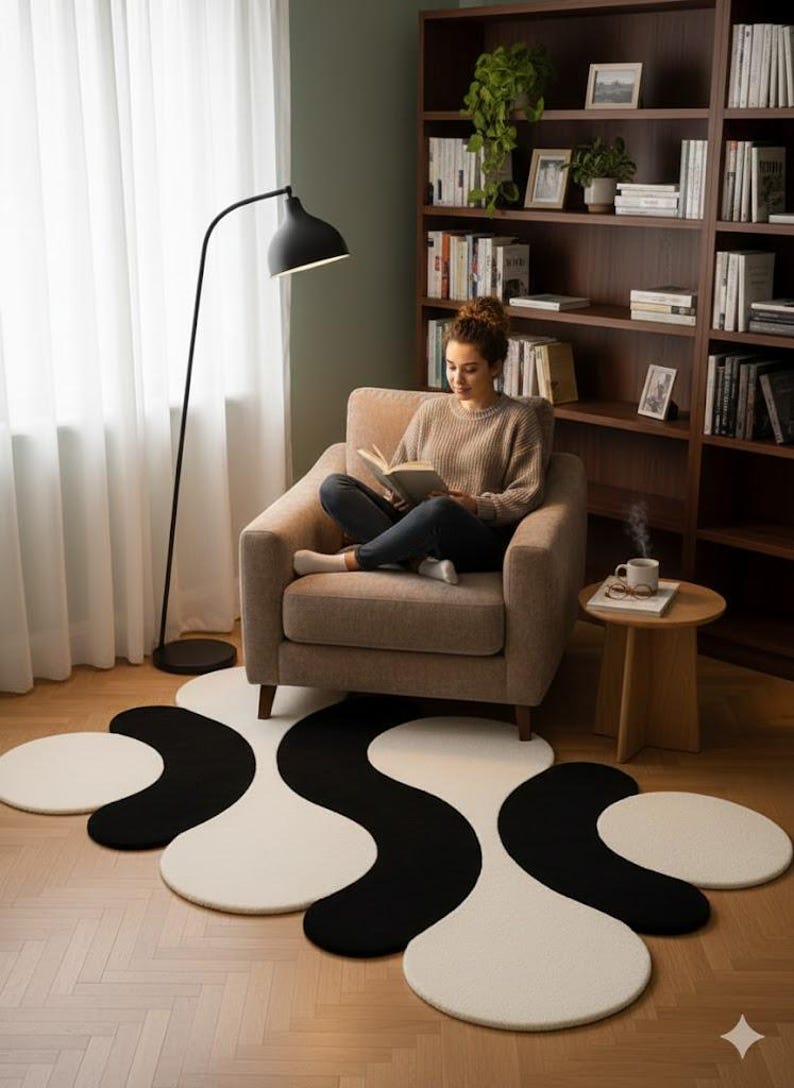 May include: A modern living room scene featuring a black and white abstract rug. A woman is seated in a beige armchair, reading a book. A black floor lamp and a wooden bookshelf complete the cozy interior.
