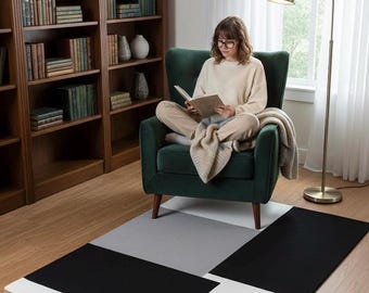 Handmade Modern Black White Area Rug, Minimalist Geometric Carpet, Contemporary Living Room Decor