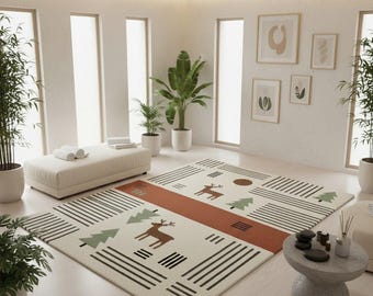Deer Area Rug, Woodland Animal Nordic Style Carpet for Living Room Nursery